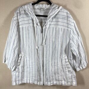 Coldwater Creek Linen Zip Up Jacket 2X White Blue Hood Beach Cruise Resort‎ Wear